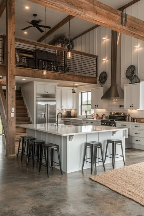 Rustic House Kitchen Ideas, Cabin Style Kitchen Ideas, Modern Spacious Kitchen, Kitchen Cabinets Barndominium, Home Building Ideas Kitchen, Rustic Modern Barndominium, Modern Farmhouse Ranch Style Homes, Open Home Design, Barndominium Loft Over Kitchen