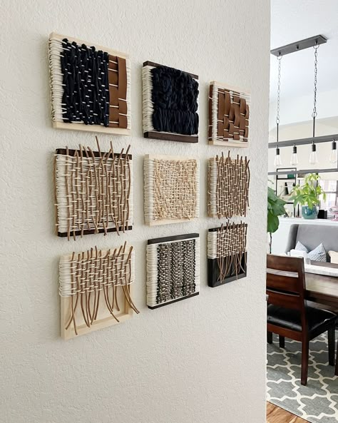 Narrow Wall Art Ideas, Mixed Textile Art, Weaved Wall Hanging, Woven Textile Art, Upcycled Wall Art, Knitted Wall Art, Big Gallery Wall, Art Fibres Textiles, Yarn Art Projects