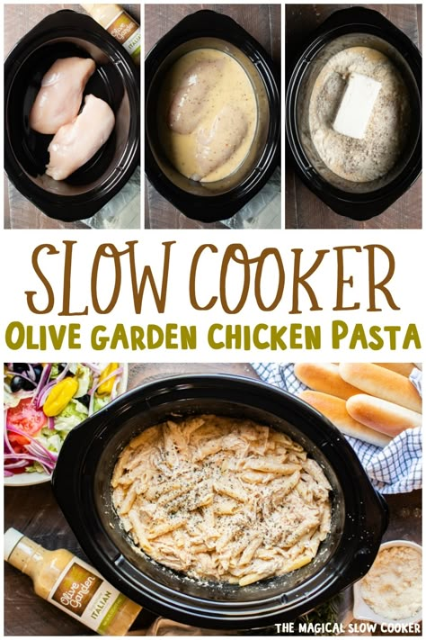 Crockpot Chicken Alfredo Slow Cooker, Friday Night Crockpot Dinner, Summer Main Dishes Dinners, Slow Cooker Olive Garden Chicken Pasta, Italian Dressing Chicken Crock Pot, Creamy Italian Chicken Crockpot, Olive Garden Italian Dressing Chicken, Simple Crockpot Chicken Recipes, Olive Garden Chicken Pasta Crockpot