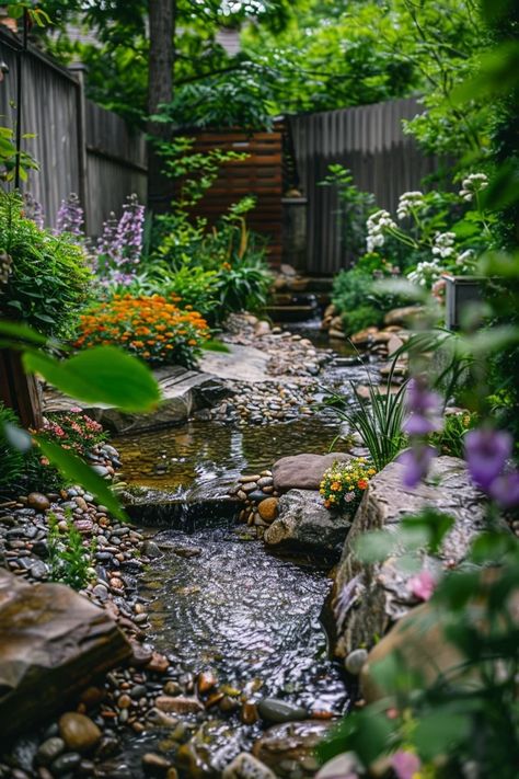 Small Garden Stream Ideas for Your Backyard Haven Small Stream In Garden, Natural Stream Landscaping, Backyard Creek Ideas, Fairy Tale Garden Ideas, Waterfall Ideas Backyard, Garden Stream Ideas, Backyard Waterfall Ideas, Backyard Creek, Backyard Streams