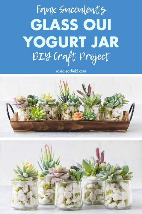 An easy DIY tutorial for faux succulents using upcycled glass Oui yogurt jars! A simple home decor craft project for any budget. The perfect gift idea. #DIY #upcycled #homedecor #fauxsucculents Small Plastic Jar Crafts, Recycling Jars Ideas, House Shelves Decor, Upcycle Yogurt Jars, What To Do With Glass Yogurt Jars, Uses For Oui Jars, Repurpose Yogurt Jars, Cute Jar Decorating Ideas, Oui Jar Terrarium