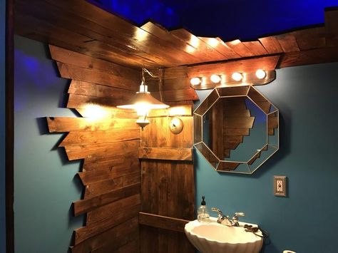 Tiki-adjacent “Shipwreck” bathroom renovation Shipwreck Aesthetic Decor, Pirate Aesthetic Home Decor, Nautical Themed Bathroom, Tiki Bathroom Ideas, Pirate Bathroom Ideas, Pirate Theme Bathroom, Pirate Themed Bathroom, Pirate Ship Bathroom, Nautical Room Ideas