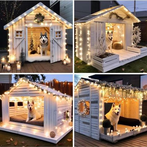 Cute Diy Dog House, Dog House Interior Ideas, Nice Dog Houses Outside, Indoor Dog House Diy Ideas, Outside Dog House Ideas, Dog And Cat House Combo Outdoor, Dog House Made Of Pallets, Rooms For Dogs Ideas, Big Dog House Outdoor Ideas