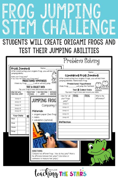 Looking for fun an engaging STEM activities for your 3rd, 4th, or 5th grade upper elementary students? STEM Jumping Frog Challenge is a fun STEM activity that your students will love as they create origami frogs to test their jumping abilities. Students will problem solve and think critically as they complete their challenge! Grade 3 Stem Activities, Upper Elementary Stem Activities, Stem Activities Upper Elementary, Stem Activities Elementary 5th Grade, Math Stem Activities Elementary, Frog Stem Activities, Spring Stem Challenge, March Stem Challenges, 3rd Grade Science Experiments