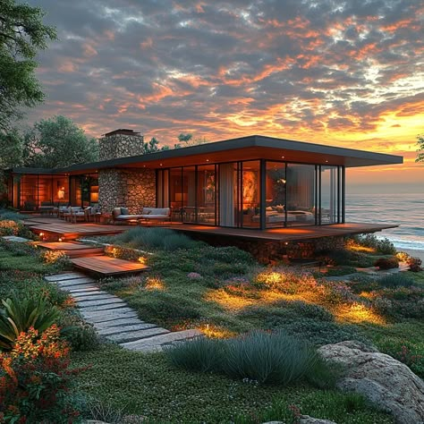 Experience coastal bliss at this Mid-Century Modern Beach House in Malibu, spanning 7,000 sqft. The vibrant color grading under the sunset's golden light accentuates textures, capturing California's beachfront charm. Let this AI-rendered masterpiece inspire your luxurious oceanside living dreams. Can you hear the ocean waves or feel the cool Californian breeze? Share your thoughts below! 🌊🌅 #DreamHomeInspiration #LuxuryInteriors #MidCenturyModernStyle #BeachHouse #MalibuCoastline #GoldenHour #LuxuryLiving #LuxuryDesign #LuxuryLifestyle #HomeGoals #InspiringHomes #LuxuryTravel Beach House Mid Century Modern, Airbnb Moodboard, Beach House Malibu, Modern California Home, Glass Beach House, Mid Century Beach House, Beach House Modern, House In Malibu, Beach Houses Architecture