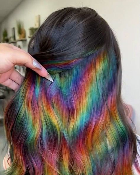 Prism Color Hair, Rainbow Oil Slick Hair, Rainbow Holographic Hair, Holographic Hair Brunette, Hair Colour Ideas Rainbow, Holographic Highlights Hair, Prismatic Hair Color, Peak A Boo Rainbow Hair Color, Secret Rainbow Hair