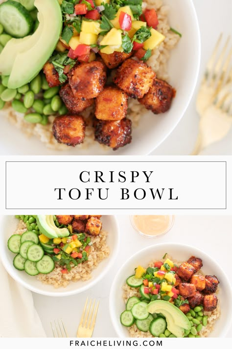 I remember the first time I ordered the Crispy Tofu Bowl from Cactus Club … uh-mazing! I have been dreaming about it ever since and finally found the time to recreate it to share with you… of course! This Crispy Tofu Bowl is loaded with delicious healthy ingredients! #tofubowl #healthyrecipe #tofubowlrecipe #bowlrecipe #healthytofubowl #healthylifestyle #crispytofubowl #crispytofurecipe Cactus Club Tofu Bowl, Crispy Tofu Bowl Cactus Club, Cactus Club Salad Recipes, Crispy Tofu Rice Bowl, Air Fryer Tofu Bowl, Quinoa And Tofu Bowl, Crispy Tofu Salad, Easy Baked Tofu, Mediterranean Tofu Bowl