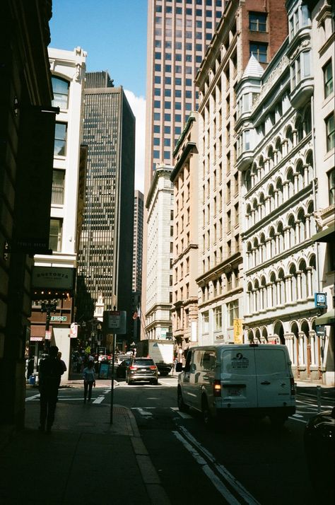 photo of a street in boston with buildings on either side Professional Film Photography, Kodak 35mm Photos, Kodak Portra 400 35mm, Kodak 400 Film, 35mm Film Photography Ideas, Kodak Pixpro Fz45 Pictures, Kodak Film Pictures, Kodak Fz55, Point And Shoot Photography