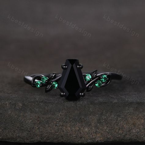 Coffin cut black onyx engagement ring Black gold ring Art deco leaf design emerald wedding ring nature inspired ring bridal promise ring. Unique coffin shaped ring, wedding ring, promise ring, anniversary gift. Main Stone: 9x6mm coffin shaped natural black onyx  Side stone: Emerald *I accept custom making order.Please contact me if you need this service. This ring is marked S925/G10K/G14K I accept custom making order.Please contact me if you need this service. For all the jewelries,there is a 14 Emerald Engagement Ring Green, Engagement Ring Black, Black Onyx Engagement Ring, Onyx Engagement Ring, Black Gold Ring, Emerald Wedding Rings, Black Engagement Ring, Cute Engagement Rings, Nature Inspired Rings