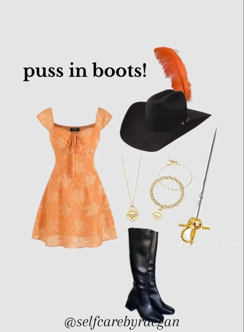 Iconic Ginger Halloween Costumes, Pues In Boots Costume, Halloween Costumes With Black Knee High Boots, Pussin Boots Halloween Costume, Halloween Costumes Women Modest, Orange Dress Halloween Costume, Costume With Pink Dress, One Person Costume Ideas, Halloween Costumes For 12 Yr Girl