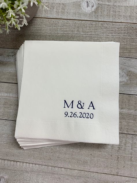 "WE HAVE BEEN PRINTING PERSONALIZED NAPKINS FOR OVER 25 YEARS! WE ARE OPEN 7 DAYS PER WEEK, PLEASE FEEL FREE TO CALL US WITH ANY QUESTIONS: 352-513-3190 This listing is for 50 personalized 3 Ply Premium Quality Napkins.You may buy as many as you need. If you need 50 buy 1...if you need 100 buy 2...if you need 150 buy 3..if you need 200 buy 4 and so on! Select your napkin size! Beverage 5\" x 5\" folded Luncheon 6.5\" x 6.5\" folded Dinner (Rectangular) 4.5\" x 8\" folded Guest Towel 4.5\" x 8\" Engagement Party Dinner, Wedding Personal Touches, Personalized Napkins Wedding, Wedding Cocktail Napkins, Wedding Napkins Personalized, Yacht Wedding, Napkins Wedding, Wedding Personalized, Wedding Reception Inspiration