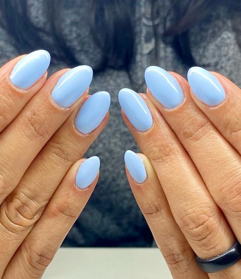 Look at all these beautiful BLUE nails. Katie suggested I use the blue sight word song. 😂💙🔵🦋 Short Almond Baby Blue Nails, Light Indigo Nails, Alice Blue Nails, Light Blue Nails No Design, Almond Nails Designs Solid Colors, Oval Light Blue Nails, Gel Nail Ideas Blue, Simple Colored Nails, Light Blue Gel X Nails