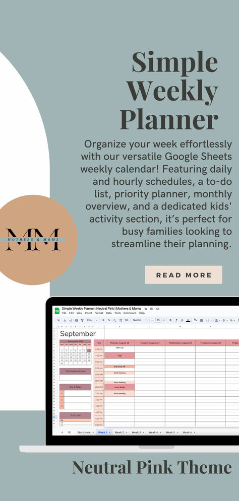 Google Sheets Simple Weekly Planner pink theme featuring a daily and hourly schedule, weekly calendar, and family planning sections. Ideal for busy moms and families seeking an organized digital calendar to streamline their planning and manage daily tasks efficiently. Detailed Daily Planner, Mom Daily Planner, Google Sheets Planner, Simple Weekly Planner, Daily Planner Digital, Daily Planner Hourly, Hourly Schedule, Family Organization, Planning Organization