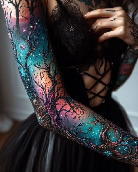 Mythical Sleeve Tattoo, Fairy Arm Sleeve Tattoo, Nature Rib Tattoo, Mother Nature Tattoos Sleeve, Tattoos That Wrap Around Arm, Forest Animals Tattoo, Elven Tattoo Design, Enchanting Tattoos, Unique Nature Tattoos