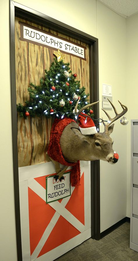 Rudolph Christmas Door Decorating Contest, Rudolph Door Decorating Ideas, Christmas Office Door Decorations Ideas, Christmas Door Decorations Contest, Door Decorating Contest Christmas Office, Reindeer Stable, Christmas Door Decorating, Decorate Office, Diy Christmas Door Decorations