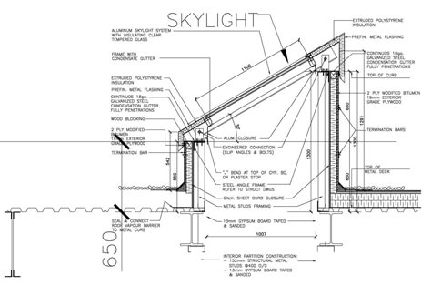 Skylight Detail, Skylight Architecture, Section Drawing Architecture, Construction Details Architecture, Roof Skylight, Skylight Design, Roof Extension, Sky Light, Roof Architecture