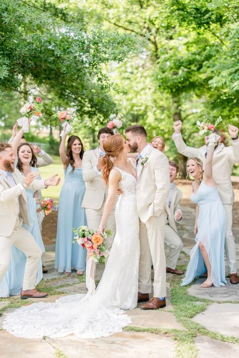 The Barn at Shady Lane Spring Wedding Fun Bridal Party Photos Wedding Party With Tan Suits, June Wedding Bridal Party, Tan Suit Blue Bridesmaid Dress, Sky Blue Bridesmaids And Groomsmen, Blue Bridesmaid Dresses With Tan Groomsmen, Tan Suit Light Blue Tie, Tan Groomsmen Suits With Blue Bridesmaids, Blue Bridesmaids Dresses With Groomsmen, Spring Wedding Colors Bridal Party