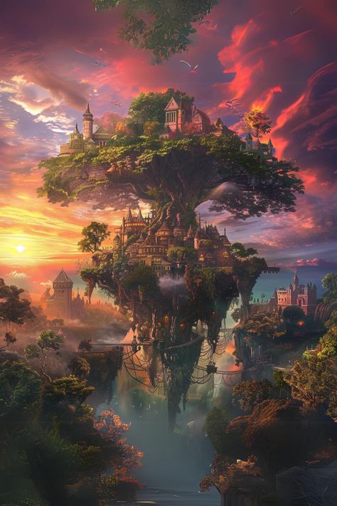 I'd totally live here if the WiFi signal isn't as magical as the sunset.
Prompt: A fantasy world with floating islands, magical forests and castles, a colorful sunset sky in the background, a giant tree trunk at its center that leads to various cities on different levels of land. The scene is and detailed, showcasing intricate architecture and lush greenery. It's an enchanting landscape filled with magic and adventure., focus on face, hyper realistic
Style: Photography, architecture, Tree Castle Fantasy Art, Fantasy World Forest, Tree Castle, Enchanting Landscape, Wings Inspiration, Intricate Architecture, Floating Islands, City Island, Colorful Sunset