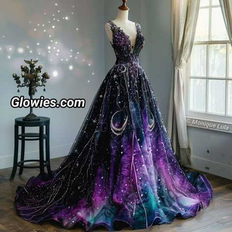 Beautiful Purple Dresses, Galaxy Princess Dress, Galaxy Quinceanera Dresses, Purple And Blue Wedding Dress, Galaxy Ball Gown, Galaxy Themed Wedding Dress, Galaxy Wedding Theme Dresses, Blue And Purple Wedding Dress, Wedding Dresses Purple