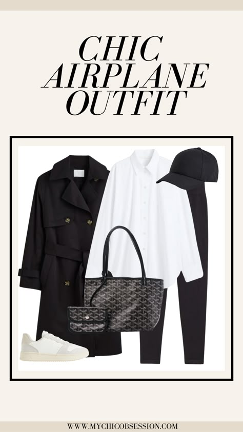 Ready for Takeoff? Here Are Chic Airplane Outfits for Your Next Trip - MY CHIC OBSESSION Black And White Airport Outfit, Minimalist Airport Outfit, Black Blazer Airport Outfit, Black And White Travel Capsule Wardrobe, Professional Travel Outfits Women, Black And White Travel Outfits, Blazer Travel Outfit, First Class Travel Outfit, Elegant Airport Outfit Classy