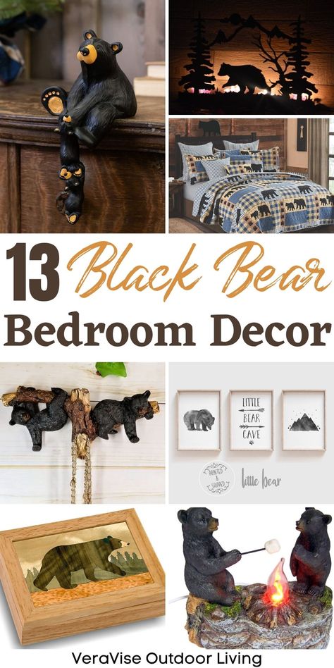 Black Bear Bedroom Ideas, Bear Bedroom Decor, Bear Theme Bedroom, Cabin Bedroom Ideas Rustic, Tiny Cabin Decor, Bear Cabin Decor, Bear Bedroom, Cabin Bedroom Decor, Bedroom Decor Black