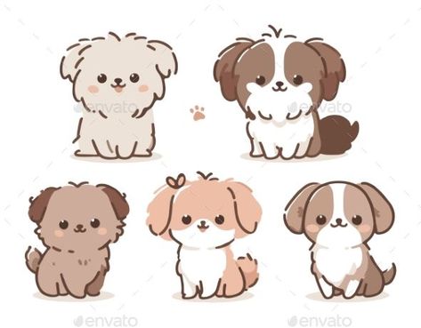 Five Cute Cartoon Dogs in Various Poses Cartoon Dog Drawing, Dogs Cartoon, Icon Character, Cute Dog Cartoon, Different Expressions, Dog Pack, Cartoon Dogs, Puppy Drawing, Dog Chihuahua