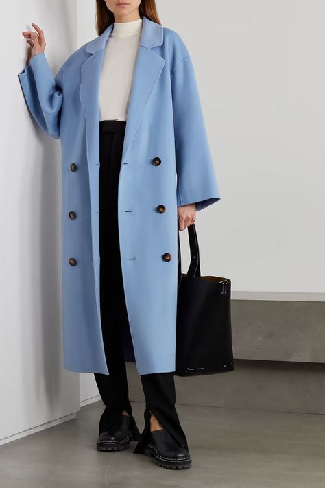 757f843a169cc678064d9530d12a1881desc52634306ri Blue Coat Outfit, Sky Blue Dress, Loulou Studio, Coat Trends, Coat Outfit, Blue Coat, Getting Dressed, Luxury Women Fashion, Blue Coats