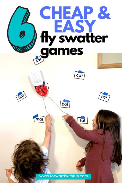 kids hitting flashcards on the wall with fly swatters, title: 6 cheap and easy fly swatter games Fly Swatter Letter Game, Phonics Review Games, Swat The Fly Game, Flyswatter Game, Fly Swatter Game, Language Games For Kids, Phonological Awareness Games, Childcare Director, Fly Swatters