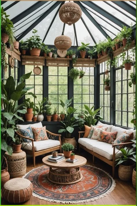 Living Room Greenhouse, Living Room Indoor Garden Ideas, Solarium Furniture Ideas, Conservatory Design Ideas, Sunroom Greenhouse Ideas, Reading Room Sunroom, Sunroom Bohemian, Boho Conservatory, Boho House Aesthetic