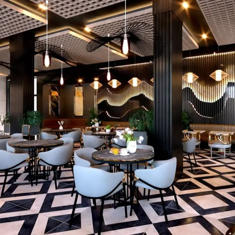 Cafeteria Design Ideas Interiors, Modern Bistro Interior Design, Classical Restaurant Interior, Luxurious Restaurant Interior, Black And White Restaurant Interior, Restaurant Interior Design Modern Ideas, Classic Cafe Interior, Ceiling Design For Restaurant, Luxury Restaurant Interior Design Modern