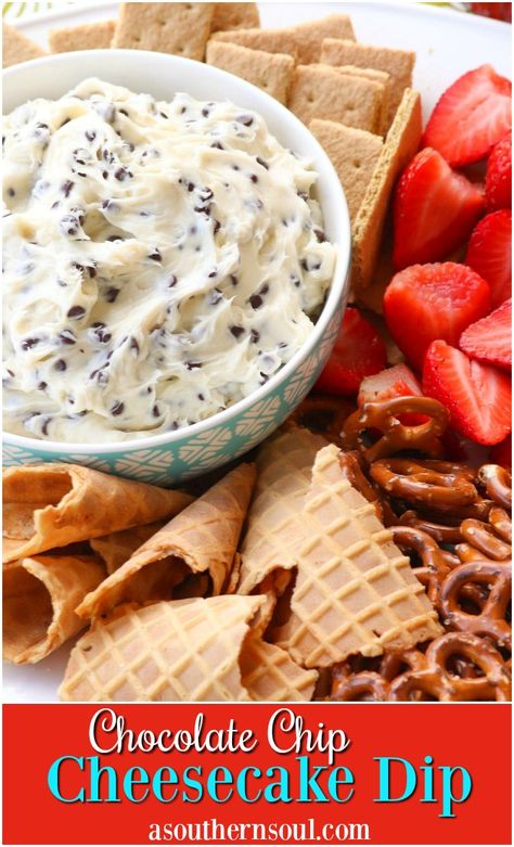 Get your cheesecake fix with this sweet, creamy, easy to make dip! This no-bake dessert has all the classic flavors of cheesecake yet it’s taken to a whole new level with the addition of fresh fruit, cookies and savory pretzels for dipping. #dessert #cheesecake #dip #freshfruit #cookies #sweettreats #easyrecipe #nobakedessert #asouthernsoul Chocolate Chip Cheesecake Dip, Savory Pretzels, Chocolate Chip Dip, A Southern Soul, Dessert Cheesecake, Fruit Cookies, Cheesecake Dip, Chocolate Chip Cheesecake, Sweet Dips