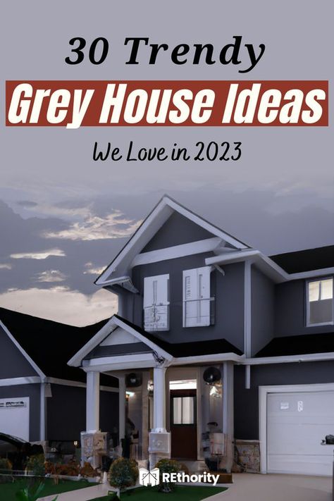 Dark Grey And White House Exterior, Grey White Exterior House Colors, Grey House Curb Appeal, Grey Color Exterior House, Dark Grey Stucco House Exterior White Trim, Grey Exterior House Colors With Shutters, Exterior House Colors Gray White Trim, Grey House Landscaping, Two Story House Exterior Remodel