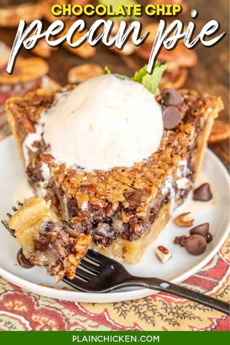 Easy Chocolate Chip Pecan Pie - a great make-ahead holiday dessert! This pie is next-level delicious. It reminded me of the pie at Cracker Barrel, only better! This pie is very easy to make and even easier to eat. Pie crust, eggs, sugar, corn syrup, vanilla, butter, chocolate chips, and pecans. Can make a day or two in advance. Top it with some vanilla ice cream and it is O-M-YUM! #pie #pecanpie #chocolate #pecan #dessert #thanksgiving #christmas Plain Chicken Recipes, Chocolate Chip Pecan Pie, Homemade Chocolate Pie, Dessert Thanksgiving, Chocolate Chip Pie, Fun Thanksgiving Desserts, Pecan Pie Easy, Thanksgiving Desserts Easy, Chocolate Pecan Pie