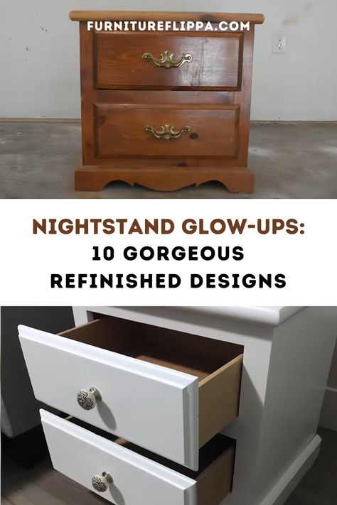 Take your bedroom décor to the next level with these 10 amazing refinished nightstand ideas! Get inspired by creative techniques like chalk paint, stencils, and weathered wood finishes. You won’t believe how easy it is to make over your old nightstand. Wooden Nightstand Makeover, Brown Painted Nightstand, Coastal Night Stands, Before And After Night Stands, Diy Nightstand Painting Ideas, How To Refinish Nightstand, Repurpose Bedside Table, 80s Nightstand Makeover, Vintage White Nightstand