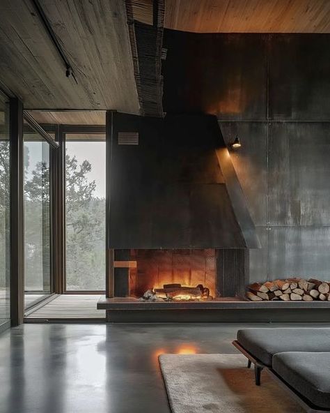 midjourney architect | blackened steel fireplace concepts #imagine #midjourneyarchitect #midjourneydesign #midjourney #aiarchitecture… | Instagram Blackened Steel Fireplace, Fireplace Architecture, Industrial Fireplace, Australian Country Houses, Woods House, Redmond Washington, Steel Fireplace, Australian Country, Chalet Design