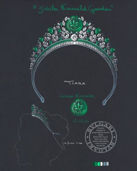 Bvlgari Tiara, Emerald High Jewelry, Tiara Sketch, Tiara Illustration, Crown Jewellery, Tiara Drawing, Emerald Tiara, Tiara Design, High Jewelry Design