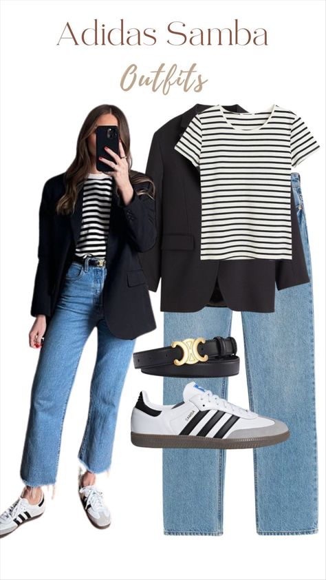 Wide trousers curated on LTK Women Outfit With Sneakers, Adidas Brown Shoes Outfit, Work Outfit With Nike Sneakers, Casual But Put Together Outfits, Blazer 77 Outfits For Women, Samba Classic Shoes Outfit, Trouser Jeans Outfit Work, Chic Outfits With Sneakers, Samba Outfit Winter