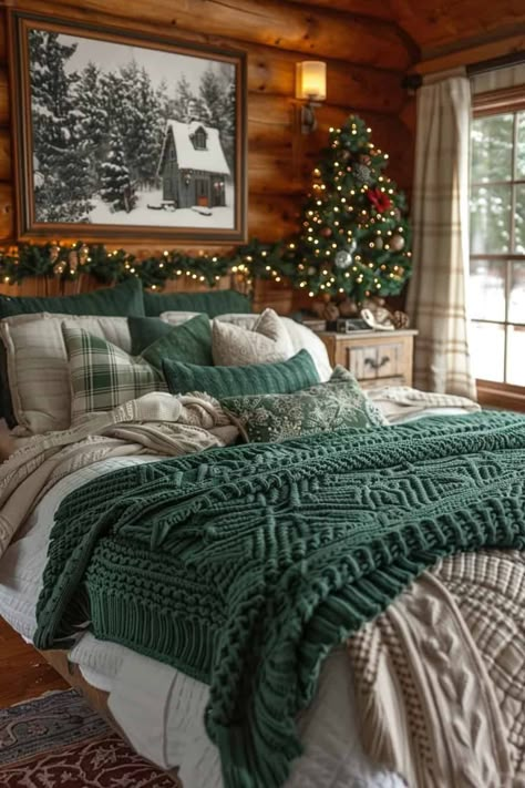 Top 20 Christmas Bedroom Decor Ideas | Green Snooze Bedroom Decor Ideas Green, Cozy Cabin Bedrooms, Winter Bedroom Decor, Christmas Bedroom Decor Ideas, Bedroom Accents, Holiday Bed, Christmas Bedroom Decor, Outdoor Christmas Decoration Ideas, Outdoor Decoration Ideas