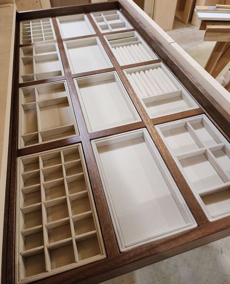 🌟 Check out this future epic closet! 🌟 Custom drawers straight from our woodshop feature handmade inserts for jewelry, purses, and belts! 👗👠👜 ⁠ ⁠ Talk about organizing in style😍✨ We can't wait to show you the full design!⁠ ⁠ #EpicCloset #CustomCloset #ClosetGoals #CustomMade #WoodShop #Organization #LuxuryLiving #ClosetInspo Shoe Storage In Dressing Room, Jewelry Walk In Closet, Scarf Storage Closet, Glass Top Jewelry Drawer, Closet Organization Jewelry, Jewelry Island In Closet, Jewelry Drawer Organization, Wardrobe Inserts, Closet Inserts