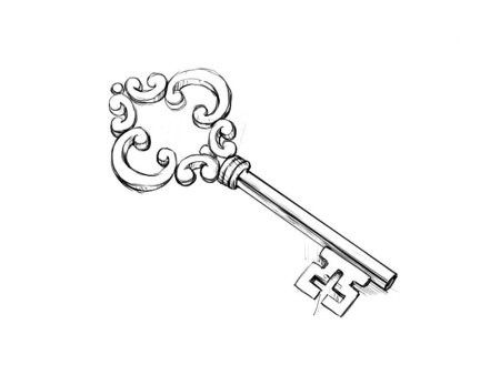 Key With Ribbon Tattoo, Alice In Wonderland Keyhole Tattoo, Tiny Key Tattoo, Vintage Key Drawing, Victorian Doodles, Key Drawing Vintage, Key Tattoo Designs Vintage, Old Key Tattoo, Key And Lock Tattoo