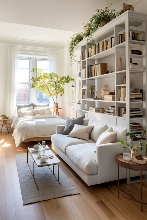 Nyc Home Decor, Studio Partition Ideas, Scandinavian Apartment Decor Ideas, 450 Sq Ft Studio Apartment Ideas, Studio Apartment Minimalist, Small Basement Studio, French Studio Apartment, White Apartment Aesthetic, Small New York Apartment Aesthetic