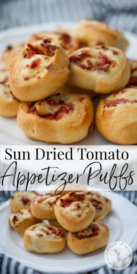 Sun Dried Tomato Appetizer Puffs | Carrie’s Experimental Kitchen Tomato Puff Pastry Appetizers, Sun Dried Tomato Appetizer, Sun Dried Tomato Cheese Ball, Sun Dried Tomato Feta Dip, Pinwheel Appetizers Sundried Tomato, Tomato Appetizer, Make Sun Dried Tomatoes, Sweet Potato Bites, Tomato Appetizers