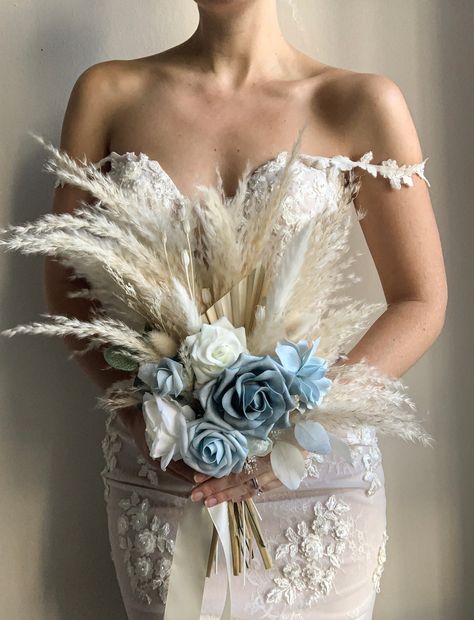 Blue Bridal Bouquet Boho Dried Pampas Grass Wedding Flowers