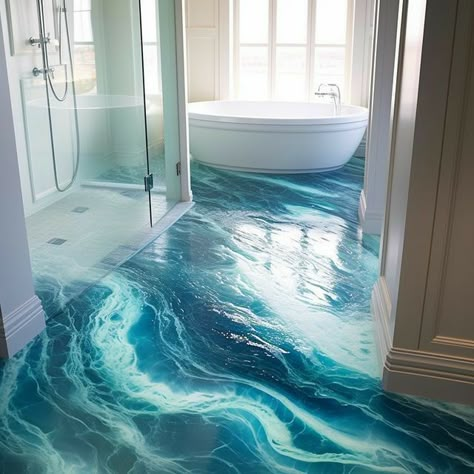 Blue Bathroom Ideas Ocean, Blue Theme Bathroom, Ocean Bathroom Decor, Ocean Themed Bathroom, Ocean Bathroom, Epoxy Floor, Design Your Dream House, Room Makeover Inspiration, Dream House Interior