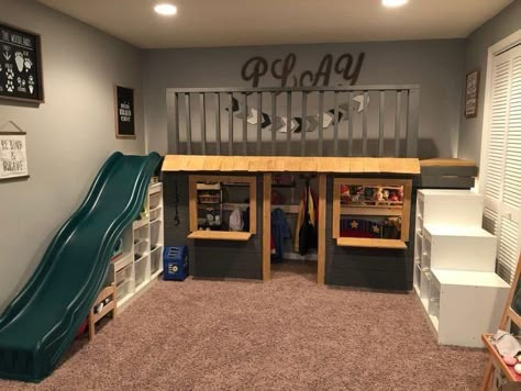 Loft Space Playroom, Top Bunk Play Space, Playroom For Preschoolers, Indoor Play Areas Diy, Diy Playroom Loft With Slide, Toyroom Ideas Boys, Playroom Loft With Slide, Small Loft Playroom, Toddler Boy Room Loft Bed