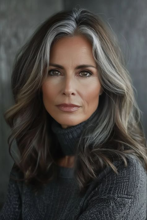 28 Stunning Gray Hair Blending Ideas You Need To Try Coloured Grey Hair, Hairstyles For Graying Hair, Gray With Dark Lowlights, Pale Skin Silver Hair, Highlight To Blend Grey Hair, Hair Ideas For Gray Hair, Hair Color Ideas For Transitioning To Gray, Dark Hair To Gray Transition, Grey Streaks In Brown Hair Going Gray