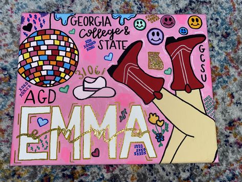 College Dorm Paintings Canvas Art, Fun Canvas Painting Ideas College, College Painting Canvases, College Town Canvas Paintings, College Canvas Paintings, Aoii Canvas Ideas, Aphi Canvas Painting, College Paintings, College Canvas Art