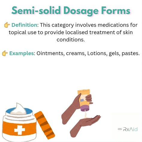 Curious about how medications are prepared for different uses? From liquids, to solids, to semi-solids. Each dosage form is tailored to deliver medicine safely and effectively! Knowing the basics can help you better understand your medications and their benefits. Swipe through to learn about the different dosage forms and how they work! Don’t forget to save this post for quick reference, and tag a friend who's also studying pharmacy! 🩺 ✨ Follow @therxaid._ for more pharmacy insights and tip... Dosage Form, Tag A Friend, Skin Conditions, Understanding Yourself, The Basics, Pharmacy, Medicine, Medical, Benefits