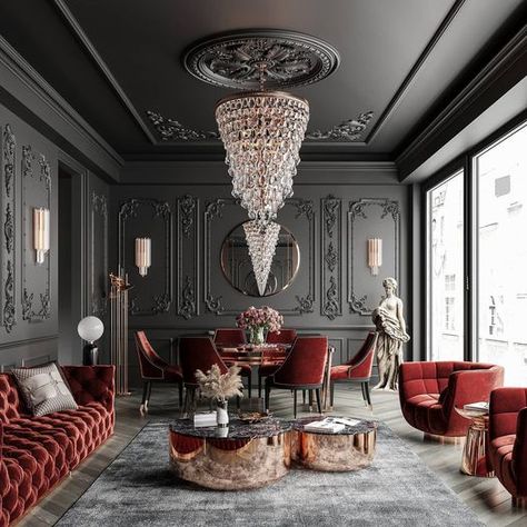 BRABBU: Marvelous black and red luxurious livin ... Modern Neoclassical Interior, بيوت ملكية, Neoclassical Interior Design, Modern Neoclassical, Modern Classic Living Room, Minecraft Decoration, Neoclassical Interior, Living Room Red, Classic Interior Design