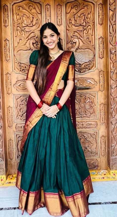 Narayanpet Sarees Blouses, Green And Maroon Half Saree, Narayani Pattu Half Sarees, Blouse Designs For Langa Voni, Naryanapattu Sarees, Blouse Designs For Narayanpet Half Sarees, South Indian Half Saree Designs, Red And Green Half Saree Pattu, Green Dhavani Set